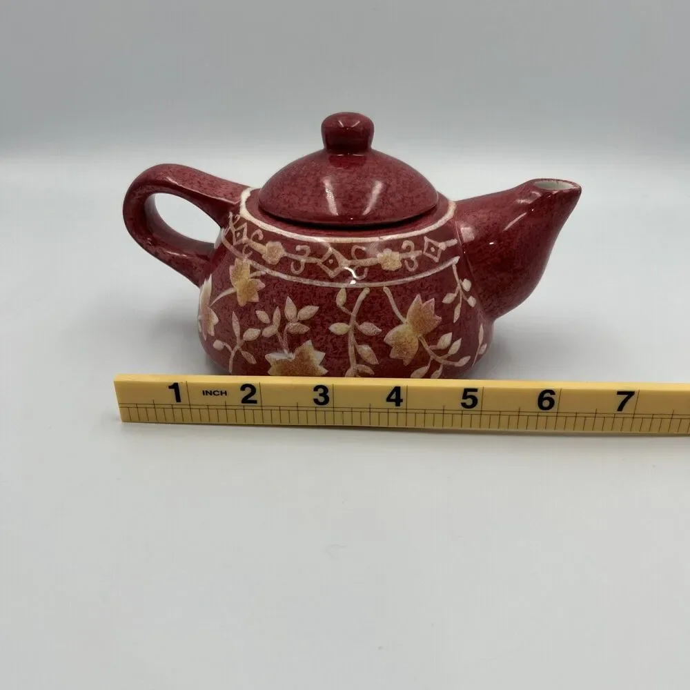 Vintage Red Glaze Etched Floral Ceramic Teapot Gold Accent Crackle Interior